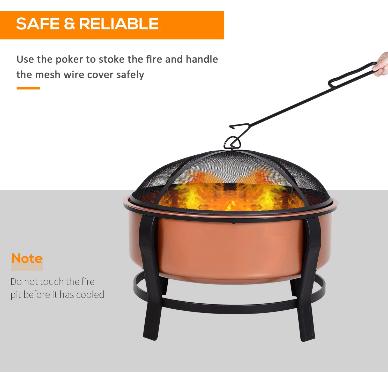 Outsunny Copper-Colored Round Basin Wood Fire Pit Bowl With Organic Black Base, A Wood Poker & Mesh Screen For Embers 6 Outsunny Copper-Colored Round Basin Wood Fire Pit Bowl With Organic Black Base, A Wood Poker & Mesh Screen For Embers - Image 6