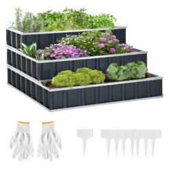 Outsunny 3 Tier Raised Garden Bed, Metal Elevated Planer Box
