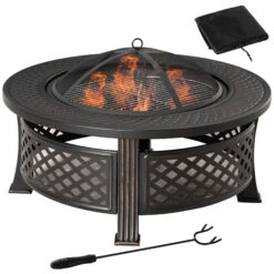 Outsunny 32" Outdoor Fire Pit, BBQ Grill Ice Bucket W/ Spark Screen, Poker, Rain Cover