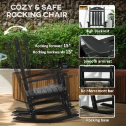 Outsunny Outdoor Rocking Chair, All Weather-Resistant HDPE Rocking Patio Chairs With Rustic High Back, Armrests, Oversized Seat And Slatted Backrest, 350lbs Weight Capacity, Black -Outsunny ckg88c188b23232f8