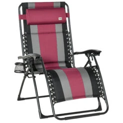 Outsunny XL Oversize Zero Gravity Recliner, Padded Patio Lounger Chair, Folding Chair With Adjustable Backrest, Cup Holder, And Headrest For Backyard, Poolside, Lawn, Striped, Wine Red