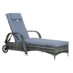 Outsunny Reclining Chaise Lounge Chair, Thickly Cushioned, Headrest, Armrests, Rolling Outdoor Plastic Rattan Sun Bathing Chair With Wheels For Poolside, Pool, Patio, Grey