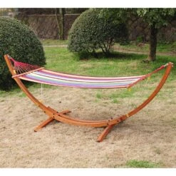 Outsunny 10' Wood Outdoor Hammock, Hammock With Stand Rainbow Bed, Heavy Duty Roman Arc Hammock For Single Person For Patio Backyard Balcony Porch, Multi Color -Outsunny dJtaed17e6c0e9dee