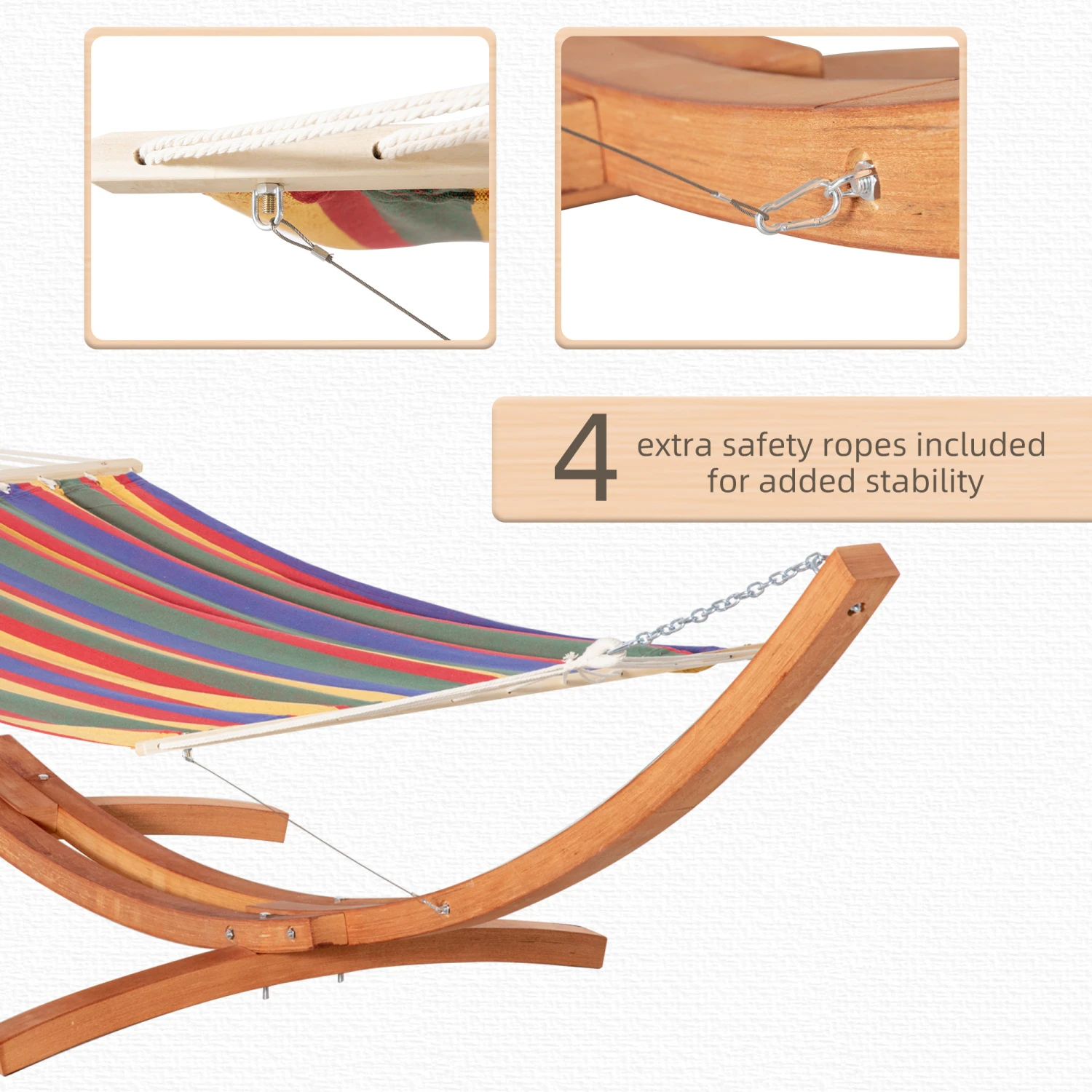 Outsunny Outdoor Hammock With Stand, Extra Large Heavy Duty Wooden Frame, No Tree Needed, 12.8' Indoor Outside Boho Style Nap Bed, Natural Cotton, Rainbow 5 Outsunny Outdoor Hammock With Stand, Extra Large Heavy Duty Wooden Frame, No Tree Needed, 12.8' Indoor Outside Boho Style Nap Bed, Natural Cotton, Rainbow - Image 5