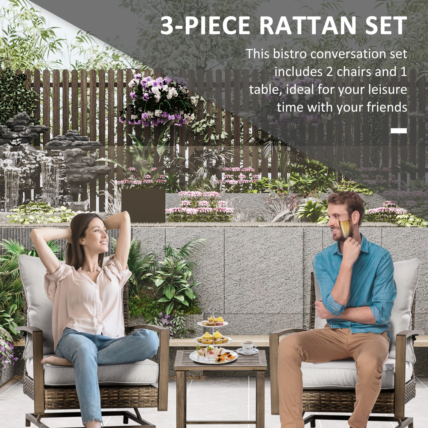 Outsunny Patio Bistro Set, Porch Furniture With Soft Cushions And Rocking Function For Yard, Lawn, Porch, Light Gray 6 Outsunny Patio Bistro Set, Porch Furniture With Soft Cushions And Rocking Function For Yard, Lawn, Porch, Light Gray - Image 6