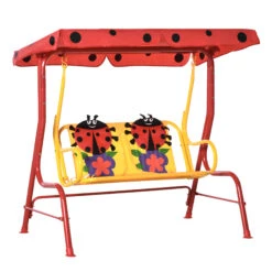 Outsunny 2-Seat Kids Patio Canopy Swing, W/ Adjustable Awning. Seat Belt, Ladybird Pattern