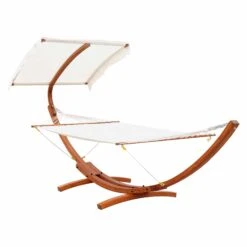 Outsunny Outdoor Hammock With Stand & Accessories, Heavy Duty Wooden Frame, Sun Shade Visor Canopy, Indoor Outside Boho Style Nap Bed, Natural Cotton, White