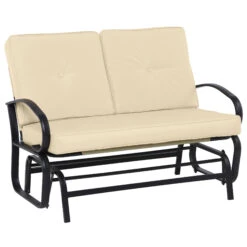Outsunny Patio Glider Bench With Padded Cushions And Armrests, Outdoor 2-Person Swing Rocking Chair Loveseat With Sturdy Frame, Beige