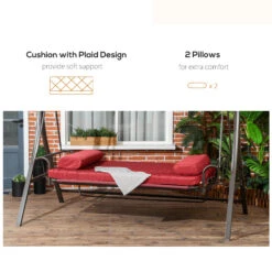 Outsunny 3 Person Patio Swing Chair Bed, Converting Flatbed, Outdoor Porch Swing Glider With Adjustable Canopy, Removable Cushions, Pillows, For Garden, Poolside, Backyard, Red -Outsunny e2E756188c26ec7b9