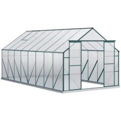 Outsunny 16' X 8' Aluminum Greenhouse Polycarbonate Walk-in Garden Greenhouse Kit With Adjustable Roof Vent, Rain Gutter And Sliding Door For Winter, Clear
