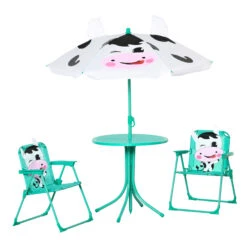 Outsunny Kids Table And Chair Set, Outdoor Folding Garden Furniture, Picnic Table For Patio Backyard, With Dairy Cow Pattern, Removable & Height Adjustable Sun Umbrella, Aged 3-6 Years Old,White