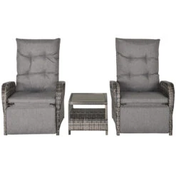 Outsunny 3 PC Rattan Wicker Conversation Patio Set With Side Coffee Table And Adjustable Backrest, Grey