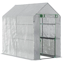 Outsunny 47.25" X 73.25" X 74.25" Walk-in Greenhouse, Outdoor Portable Plant Flower Growing Warm House With Roll-up Door And 4 Shelves, White