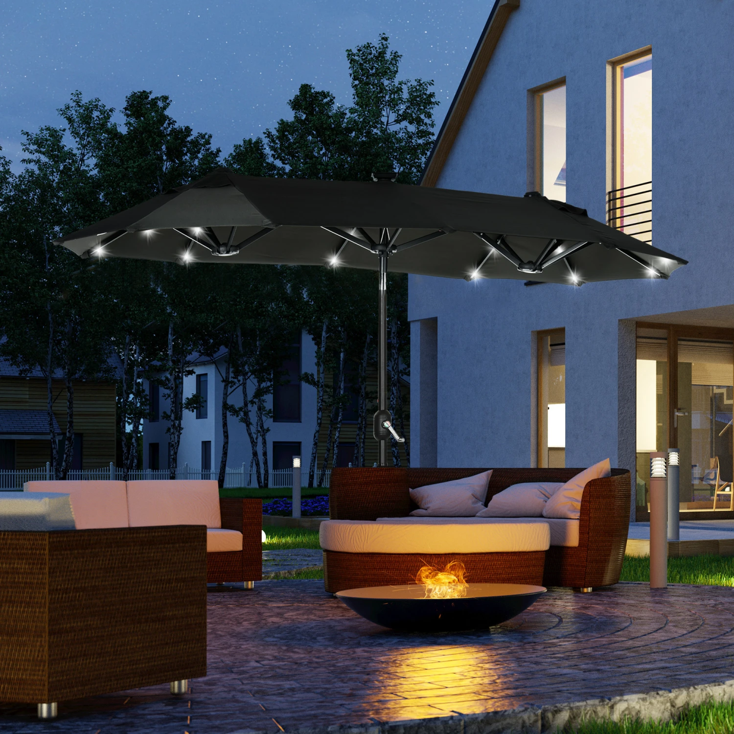Outsunny 10ft Double-sided Patio Umbrella With Solar Lights And Sandbag Base, Outdoor Umbrella With Push Button Tilt, Crank, Air Vents For Garden, Backyard, Deck, Pool, Market, Gray 2 Outsunny 10ft Double-sided Patio Umbrella With Solar Lights And Sandbag Base, Outdoor Umbrella With Push Button Tilt, Crank, Air Vents For Garden, Backyard, Deck, Pool, Market, Gray - Image 2