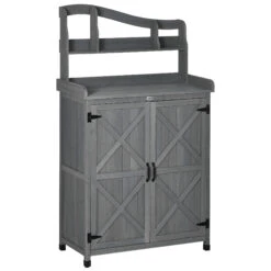 Outsunny Outdoor Storage Cabinet & Potting Table, Wooden Gardening Bench With Patio Cabinet And Magnetic Doors, Grey
