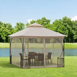 Outsunny 10' X 10' Patio Gazebo, Double Roof Outdoor Gazebo Canopy Shelter With Netting, Steel Corner Frame For Garden, Lawn, Backyard And Deck, Beige