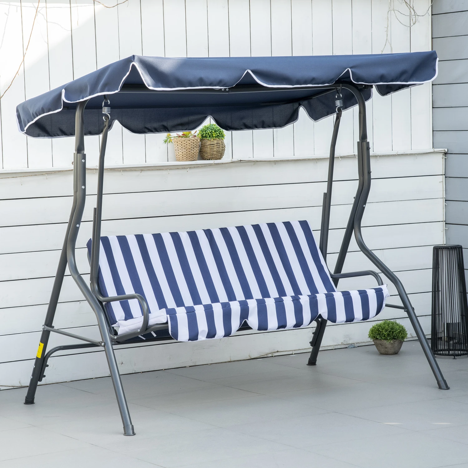 Outsunny 3-Person Patio Porch Swing With Adjustable Canopy For Adults, Steel Frame, Seat & Backrest Cushion, Armrests, Dark Blue & White Striped 2 Outsunny 3-Person Patio Porch Swing With Adjustable Canopy For Adults, Steel Frame, Seat & Backrest Cushion, Armrests, Dark Blue & White Striped - Image 2