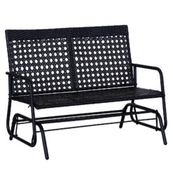 Outsunny Patio 2-Person Wicker Glider Bench Rocking Chair, Outdoor All-Hand Woven PE Rattan Loveseat W/ Ergonomic Design Rocking System For Patio, Garden, Porch, Lawn, Black