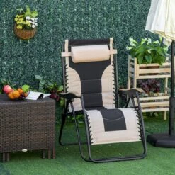 Outsunny Foldable Outdoor Lounge Chair With Footrest, Oversized Padded Zero Gravity Lounge Chair With Headrest, Cup Holders, Armrests, For Camping, Lawn, Garden, Pool, Beige -Outsunny eiI47d17e68e8f5c5