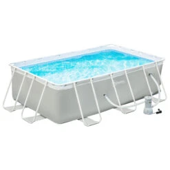Outsunny 11ft X 7ft X 32in Steel Frame Pool With Filter Pump, Outdoor Rectangular Frame Above Ground Swimming Pool, Light Grey