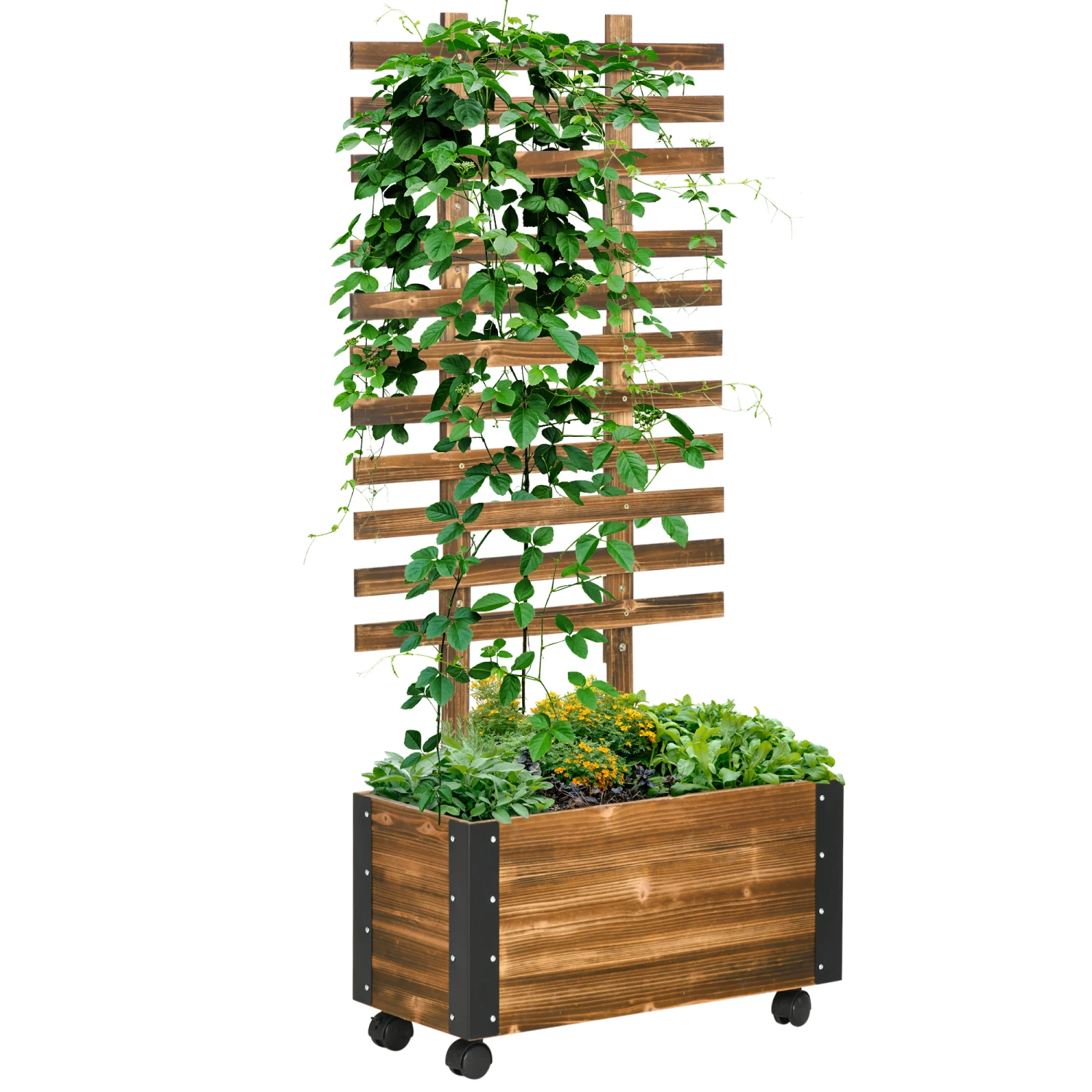 Outsunny Wooden Raised Garden Bed, Planter With Trellis And Metal Corners, Portable On Wheels, For Patio, Backyard, Deck 1 Outsunny Wooden Raised Garden Bed, Planter With Trellis And Metal Corners, Portable On Wheels, For Patio, Backyard, Deck