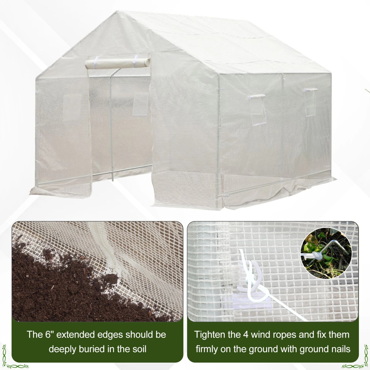 Outsunny 10' X 9.5' X 8' Outdoor Ventilated Portable Walk-In Greenhouse With Durable White PE Mesh Cloth Cover Steel Frame - White 5 Outsunny 10' X 9.5' X 8' Outdoor Ventilated Portable Walk-In Greenhouse With Durable White PE Mesh Cloth Cover Steel Frame - White - Image 5
