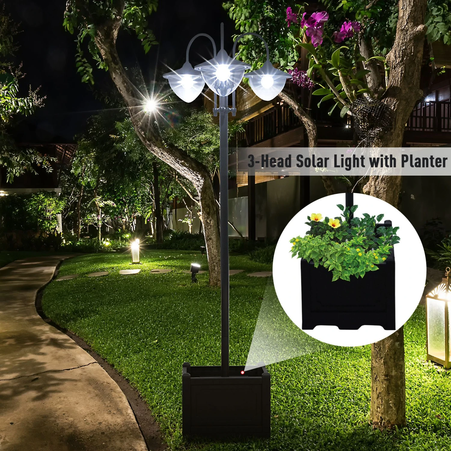 Outsunny 74.5" 3-head Solar Lamp Post Street Light With Planter, Automatic-on, 6 Hour Max Outdoor Ready LED Lighting, Black 7 Outsunny 74.5" 3-head Solar Lamp Post Street Light With Planter, Automatic-on, 6 Hour Max Outdoor Ready LED Lighting, Black - Image 7