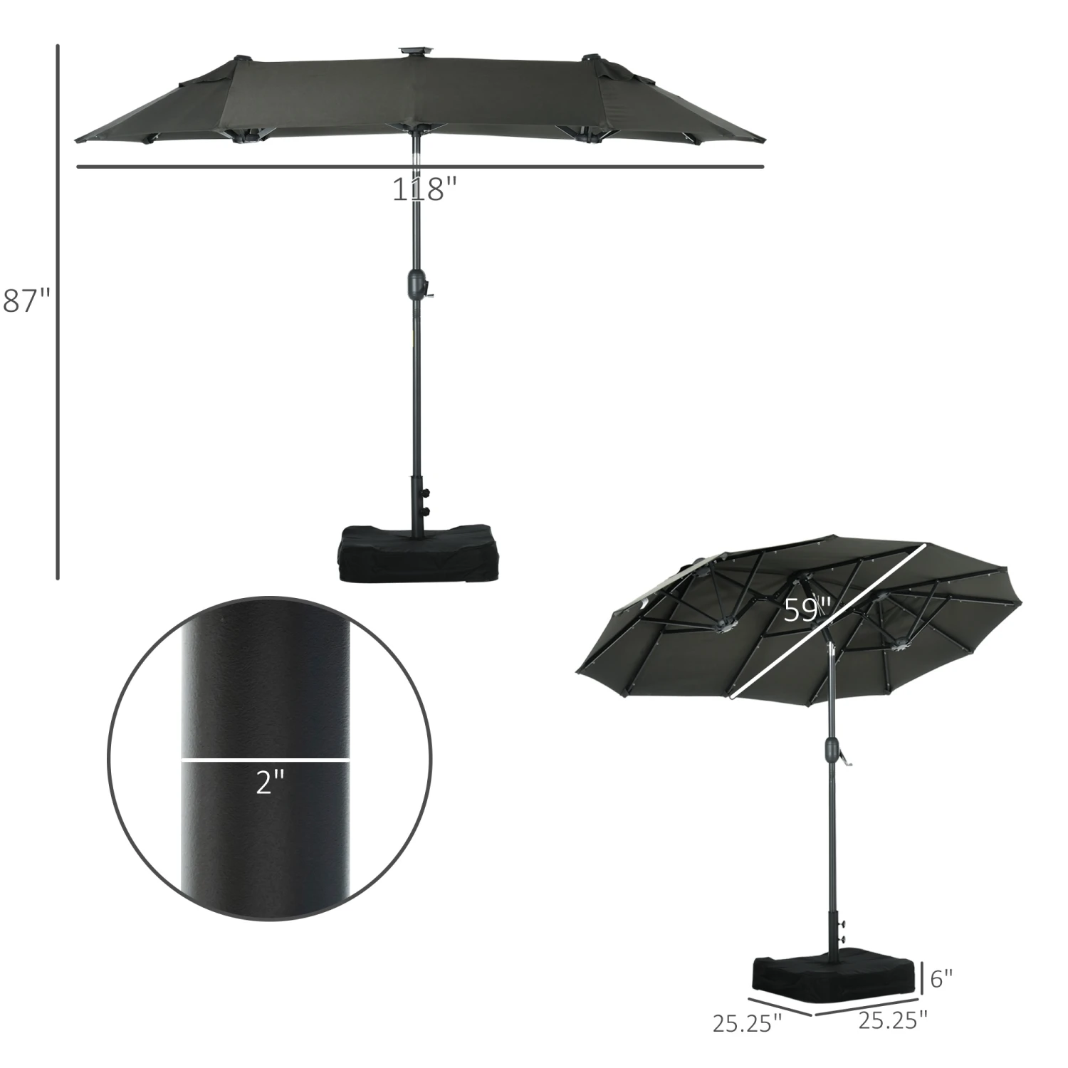 Outsunny 10ft Double-sided Patio Umbrella With Solar Lights And Sandbag Base, Outdoor Umbrella With Push Button Tilt, Crank, Air Vents For Garden, Backyard, Deck, Pool, Market, Gray 3 Outsunny 10ft Double-sided Patio Umbrella With Solar Lights And Sandbag Base, Outdoor Umbrella With Push Button Tilt, Crank, Air Vents For Garden, Backyard, Deck, Pool, Market, Gray - Image 3