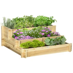 Outsunny 3 Tier Raised Garden Bed, Water Draining Fabric For Soil, Elevated Wood Flower Box For Vegetables, Herbs, Natural