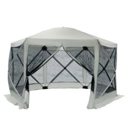 Outsunny 6-Sided Hexagon Pop Up Party Tent Gazebo With Mesh Netting Walls & Shaded Interior, 12' X 12', Beige
