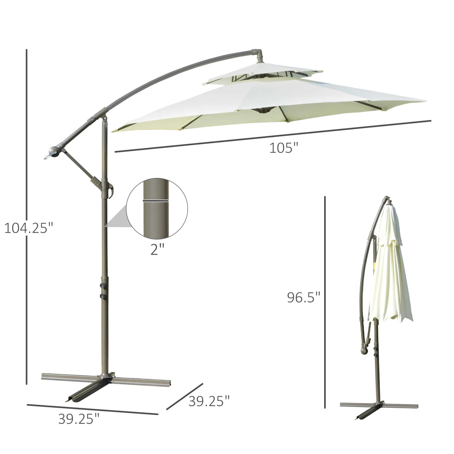 Outsunny 9' Offset Patio Umbrella With Base, Steel Hanging Cantilever Umbrella, 2-Tier Easy Tilt Polyester Shade, 8 Ribs, Crank, Cross Base, Beige 3 Outsunny 9' Offset Patio Umbrella With Base, Steel Hanging Cantilever Umbrella, 2-Tier Easy Tilt Polyester Shade, 8 Ribs, Crank, Cross Base, Beige - Image 3