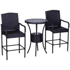 Outsunny Rattan Wicker Bar Set For 3 PCS With Ice Buckets, Patio Furniture With 1 Bar Table And 2 Bar Stools For Poolside, Backyard, Porches