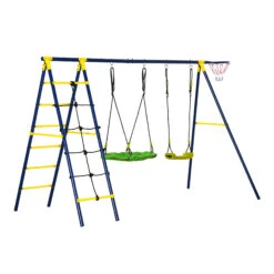 Outsunny Kids Metal Swing Set For Backyard, Outdoor Play Equipment, With Saucer Swing Adjustable Swing Seat, Basket Hoop, Climb Ladder, Net, A-Frame Metal Stand, For 3-10 Years Old, Green