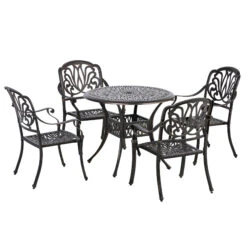 Outsunny 5 Pieces Outdoor Furniture Dining Set For 4, All-Weather Cast Aluminum Stackable Design Chairs And Round Patio Table With Umbrella Hole, For Backyard, Deck, Garden, Bronze