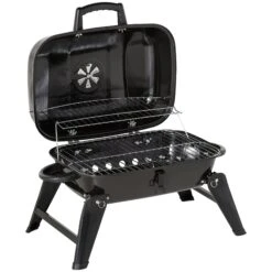 Outsunny 14" Portable Charcoal Grill, Tabletop Small BBQ Grill For Outdoor Cooking, Camping, Tailgating, Enamel Coated, Vent, Folding Legs, Black