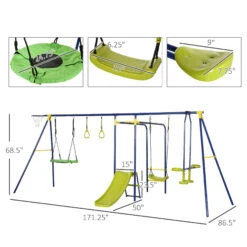 Outsunny Heavy-Duty Metal Swing Set For Backyard, With A-Frame Swing Stand, Saucer Swing, Glider, Slide, Gym Rings, Basketball Hoop, Ground Stakes, For Outdoor Indoor, Aged 3-12 Years Old -Outsunny fvGc171862ec0b5e1