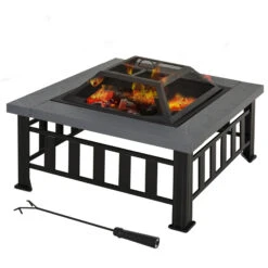 Outsunny 34" Outdoor Fire Pit Square Steel Wood Burning Firepit Bowl With Spark Screen, Waterproof Cover, Log Grate, Poker For Backyard, Camping, BBQ, Bonfire
