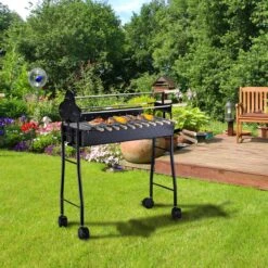 Outsunny 35" Charcoal BBQ Grill And Smoker Combo 2 In 1 Portable Rotisserie With Large/Small Skewers Included And 4 Wheels For Portability -Outsunny fyn9d617e68b20b60