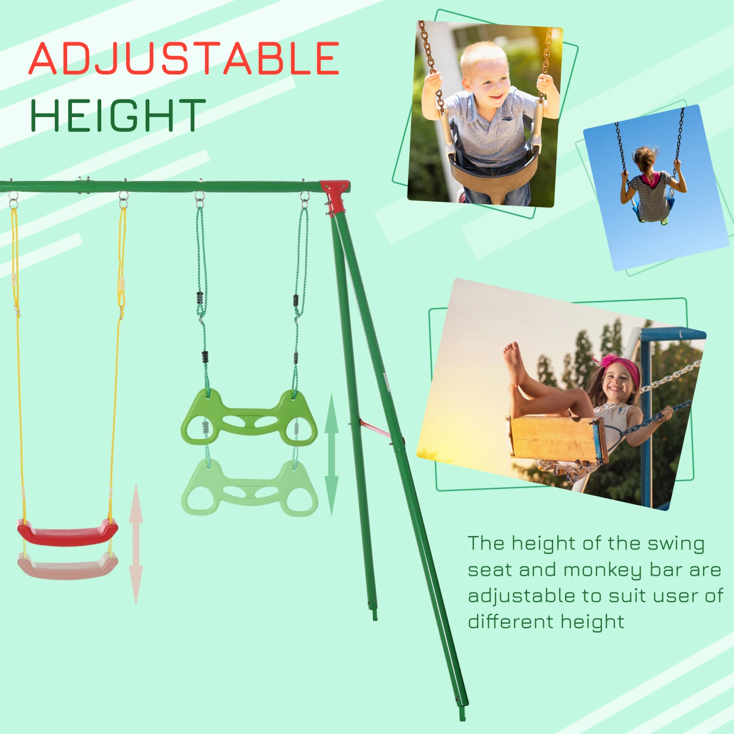 Outsunny 3 In 1 Kids Swing Set W/ Monkey Bar Rings Glider And Adjustable Hanging Rope, Multiple Kids Playground Equipment For Backyard 3 - 8 Years Old 4 Outsunny 3 In 1 Kids Swing Set W/ Monkey Bar Rings Glider And Adjustable Hanging Rope, Multiple Kids Playground Equipment For Backyard 3 - 8 Years Old - Image 4