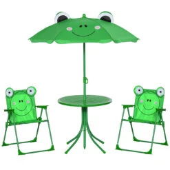 Outsunny Folding Kids Table And Chair Set, Picnic Table With Frog Pattern Removable & Height Adjustable Sun Umbrella For Garden, Backyard, Green