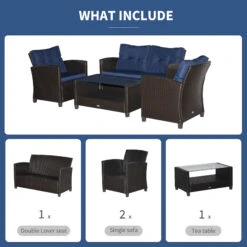 Outsunny 4-Piece Patio Furniture Set, Rattan Wicker Chair W/ Table, Outdoor Conversation Set With Cushion For Backyard, Porch, Or Garden, Blue -Outsunny gK9b1018007ee56c8