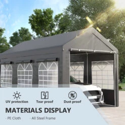 Outsunny 10' X 20' Party Tent & Carport, Height Adjustable Portable Garage, Outdoor Canopy Tent With Mesh Windows, Zippered Door, For Car, Truck, Boat, Motorcycle, Bike, Garden Tools, Dark Gray -Outsunny gT107e1893e075095