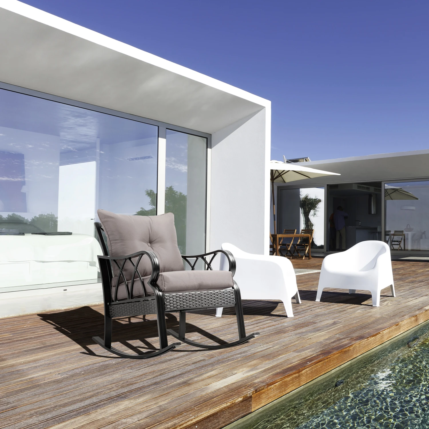 Outsunny Outdoor Wicker Rocking Chair With Padded Cushions, Aluminum Furniture Rattan Porch Rocker Chair W/ Armrest For Garden, Patio, And Backyard, Grey 2 Outsunny Outdoor Wicker Rocking Chair With Padded Cushions, Aluminum Furniture Rattan Porch Rocker Chair W/ Armrest For Garden, Patio, And Backyard, Grey - Image 2