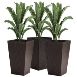 Outsunny Set Of 3 Tall Planters, Outdoor & Indoor Flower Pot Set For Front Door, Entryway, Patio And Deck, Brown