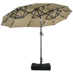 Outsunny 10ft Double-sided Patio Umbrella With Solar Lights And Sandbag Base, Outdoor Umbrella With Push Button Tilt, Crank, Air Vents For Garden, Backyard, Deck, Pool, Market, Coffee