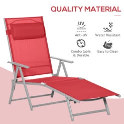 Outsunny Outdoor Folding Chaise Lounge Chair, Portable Lightweight Reclining Sun Lounger With 7-Position Adjustable Backrest & Pillow For Patio, Deck, And Poolside, Red -Outsunny grva091815dc859ca