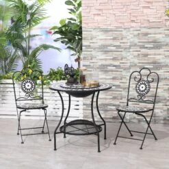 Outsunny 30" Outdoor Fire Pit Dining Table, 3-in-1 Round Wood Burning Fire Pit Bowl, Patio Ice Bucket With Storage Shelf, Spark Screen Cover For BBQ, Bonfire, Camping, Mosaic -Outsunny gvR6ff17ffc927aa3