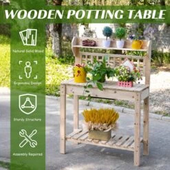Outsunny Outdoor Potting Bench With Sliding Tabletop, Storage Shelf And Dry Sink, 2-Level Gardening Table, Wooden Workstation For Greenhouse, Garden, Patio, Natural -Outsunny h1Jc1317e69b25669