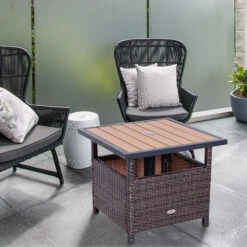 Outsunny 22'' Rattan Wicker Side Table With Steel Frame, Umbrella Insert Hole, Sand Bag For Outdoor, Patio, Garden, Backyard, Brown -Outsunny h1v6ff18316b5407c