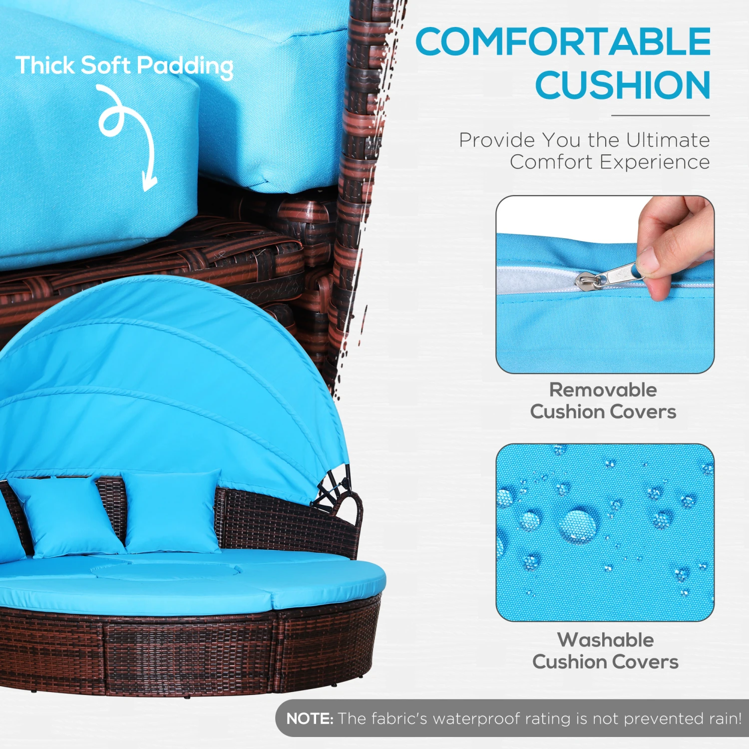 Outsunny 4pc Rattan Patio Furniture Set, Round Convertible Daybed Or Sunbed, Adjustable Sun Canopy, Sectional Outdoor Sofa, 2 Chairs, Table, 3 Pillows, PE Plastic Wicker, Blue 5 Outsunny 4pc Rattan Patio Furniture Set, Round Convertible Daybed Or Sunbed, Adjustable Sun Canopy, Sectional Outdoor Sofa, 2 Chairs, Table, 3 Pillows, PE Plastic Wicker, Blue - Image 5